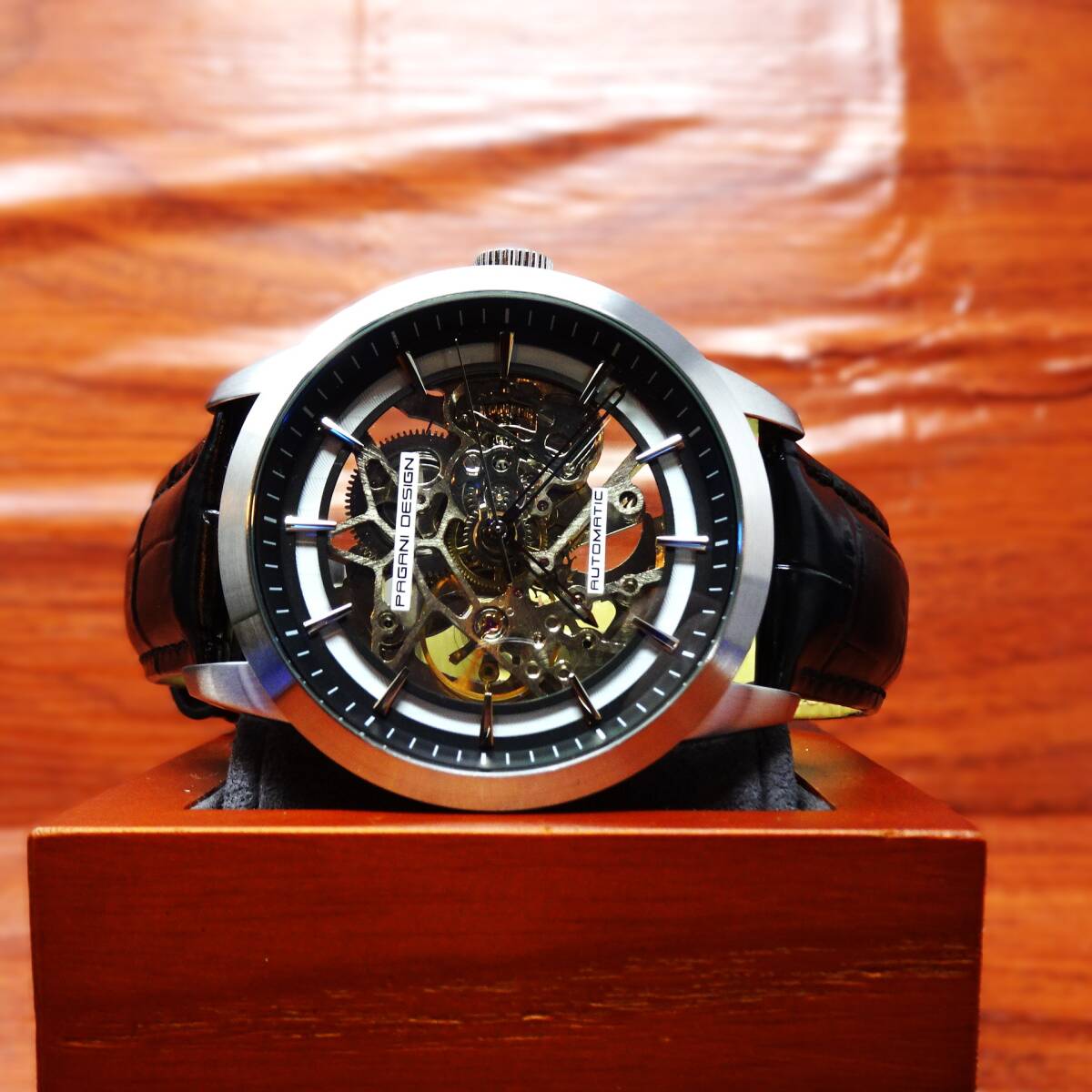送料無料・新品・パガーニデザインPAGANI DESIGN腕時計メンズスケルトンメカニカルウォッチ自動巻きクロコ型押し本革腕時計PD-1638ブラックの画像4