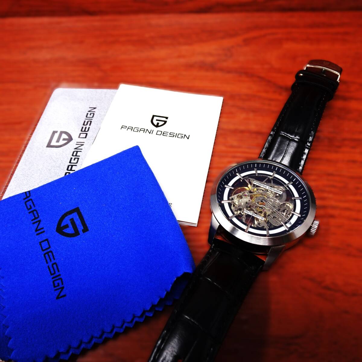 送料無料・新品・パガーニデザインPAGANI DESIGN腕時計メンズスケルトンメカニカルウォッチ自動巻きクロコ型押し本革腕時計PD-1638ブラックの画像10