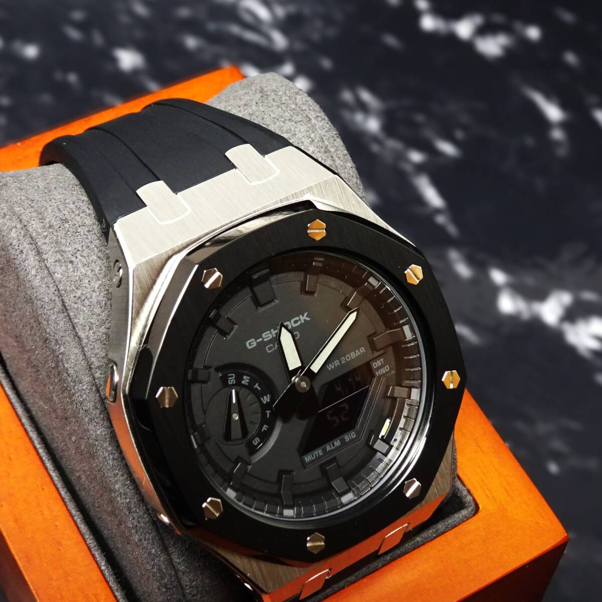 送料無料・新品・Gショックカスタム本体付きGA2100海外ステンレス製ツートンベゼル＆ブラックシリコンラバーベルト腕時計・カシオークの画像8