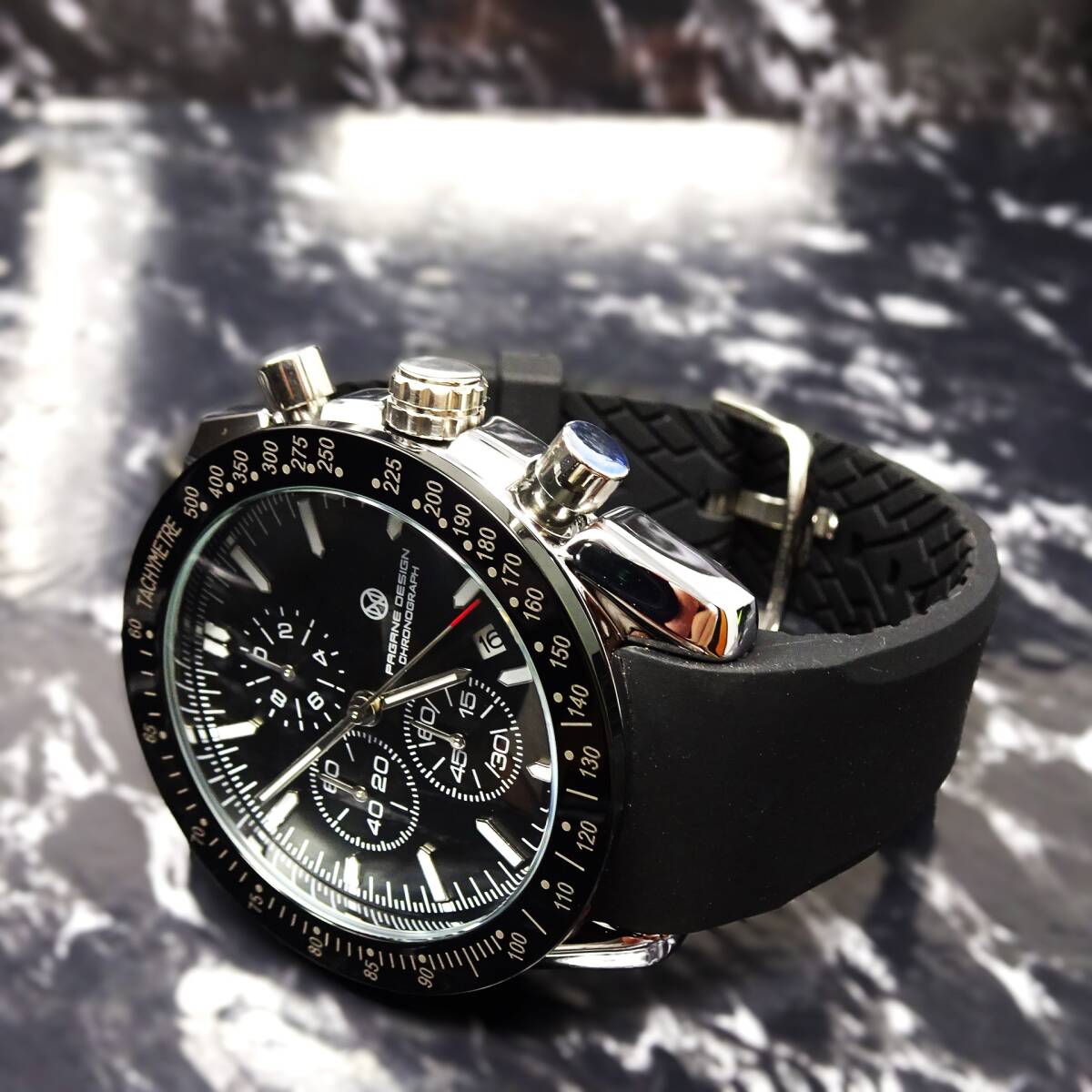 送料無料・新品・PAGRNE DESIGNブランド・メンズ・クロノグラフクオーツ式腕時計・シリコンラバーベルト・オマージュウオッチ・PG‐5140 の画像2