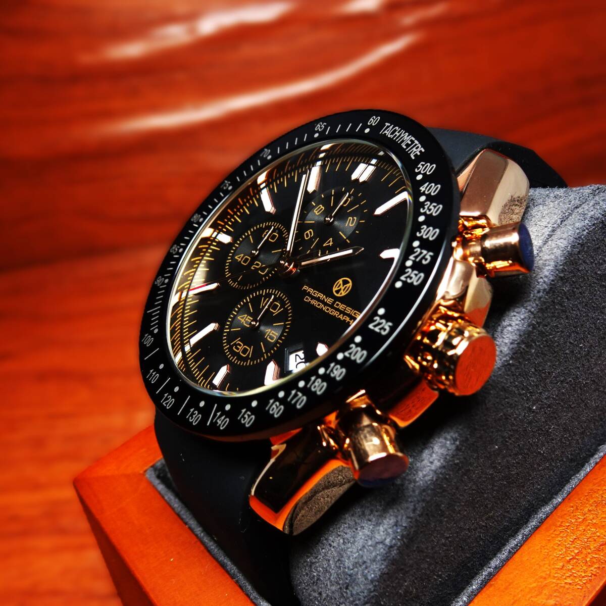 送料無料・新品・PAGRNE DESIGN・メンズ・クロノグラフクオーツ式腕時計・シリコンラバー・オマージュウオッチ・PG‐5140・シャンパン の画像2
