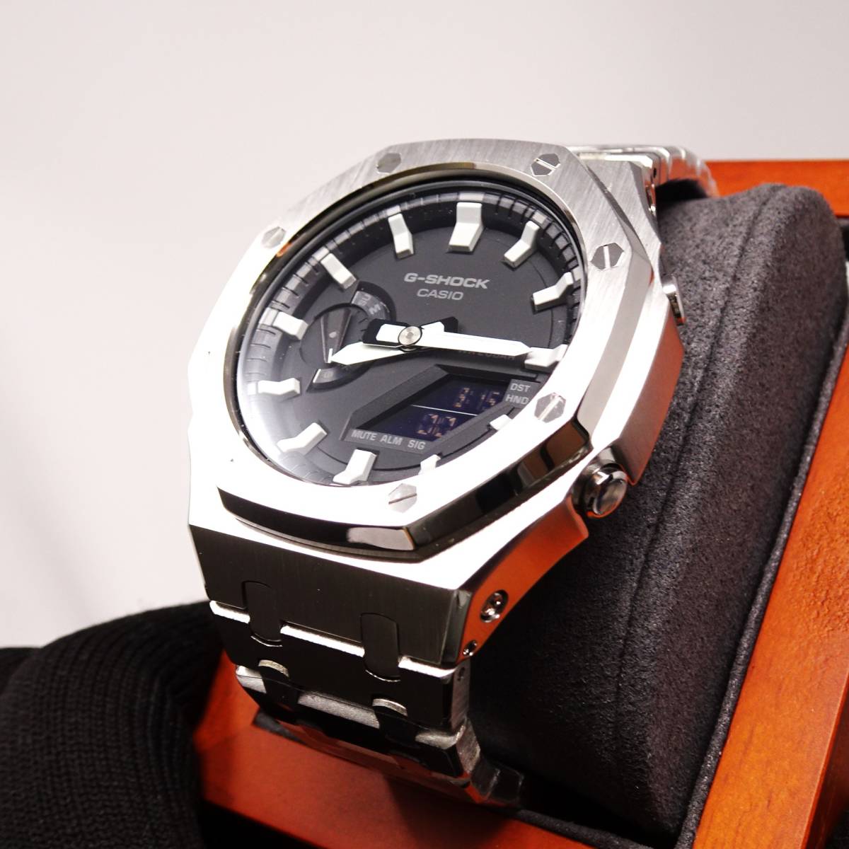 送料無料・新品・Gショックカスタム本体付きGA2100海外オールステンレス製シルバーベゼルベルトモデルメンズ腕時計・カシオーク・の画像2