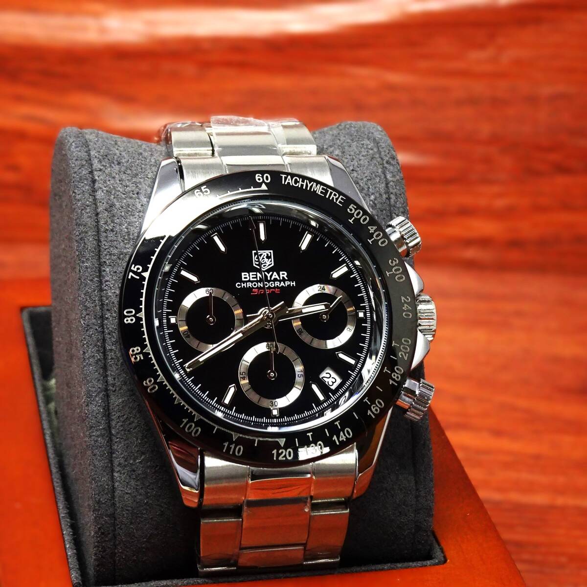 送料無料〓新品〓BENYARブランド・メンズ・クロノグラフ・24時間、カレンダー表示・クオーツ式腕時計・フルメタル・オマージュウオッチ _画像6