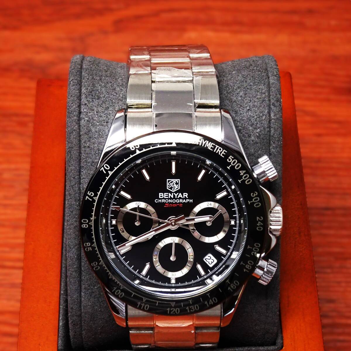 送料無料〓新品〓BENYARブランド・メンズ・クロノグラフ・24時間、カレンダー表示・クオーツ式腕時計・フルメタル・オマージュウオッチ _画像9
