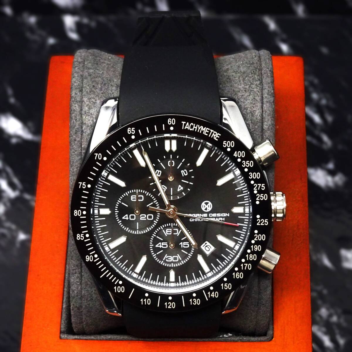 送料無料・新品・PAGRNE DESIGN・メンズ・クロノグラフクオーツ式腕時計・シリコンラバーベルト・オマージュウオッチ・PG‐5140 _画像3