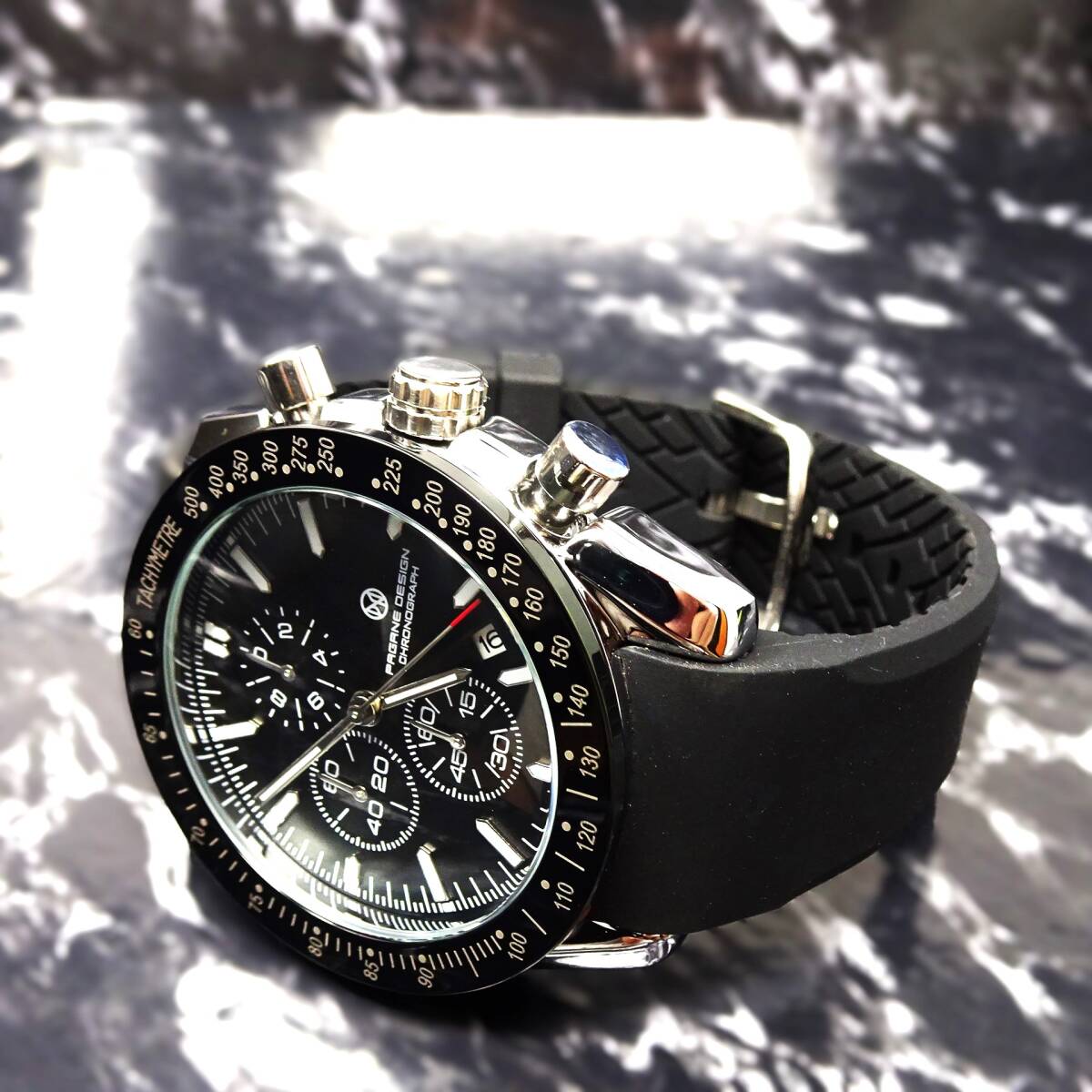 送料無料・新品・PAGRNE DESIGN・メンズ・クロノグラフクオーツ式腕時計・シリコンラバーベルト・オマージュウオッチ・PG‐5140 _画像6