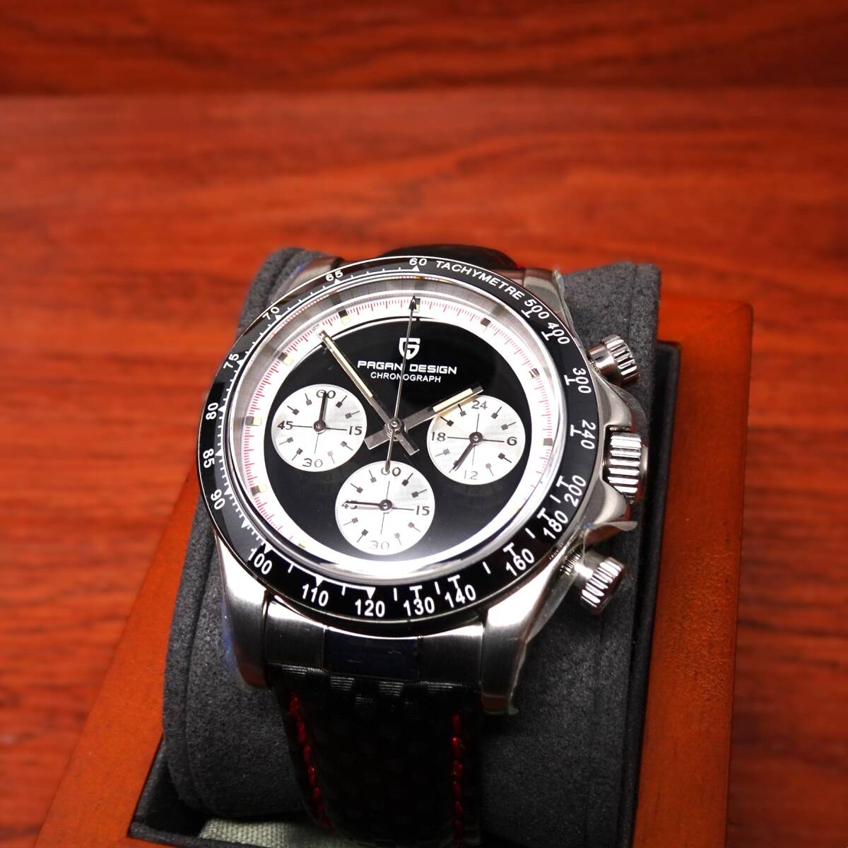 送料無料・新品・パガーニデザイン・メンズ・セイコー製VK63クロノグラフクオーツ式腕時計・オマージュ・カーボン柄本革モデル・PD-1676・Bの画像7