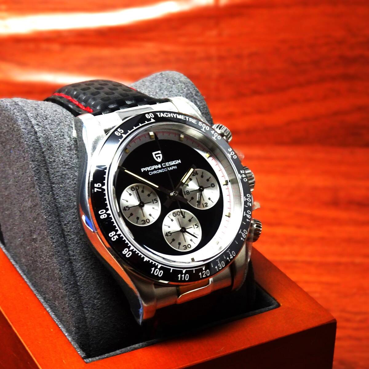 送料無料・新品・パガーニデザイン・メンズ・セイコー製VK63クロノグラフクオーツ式腕時計・オマージュ・カーボン柄本革モデル・PD-1676・Bの画像8