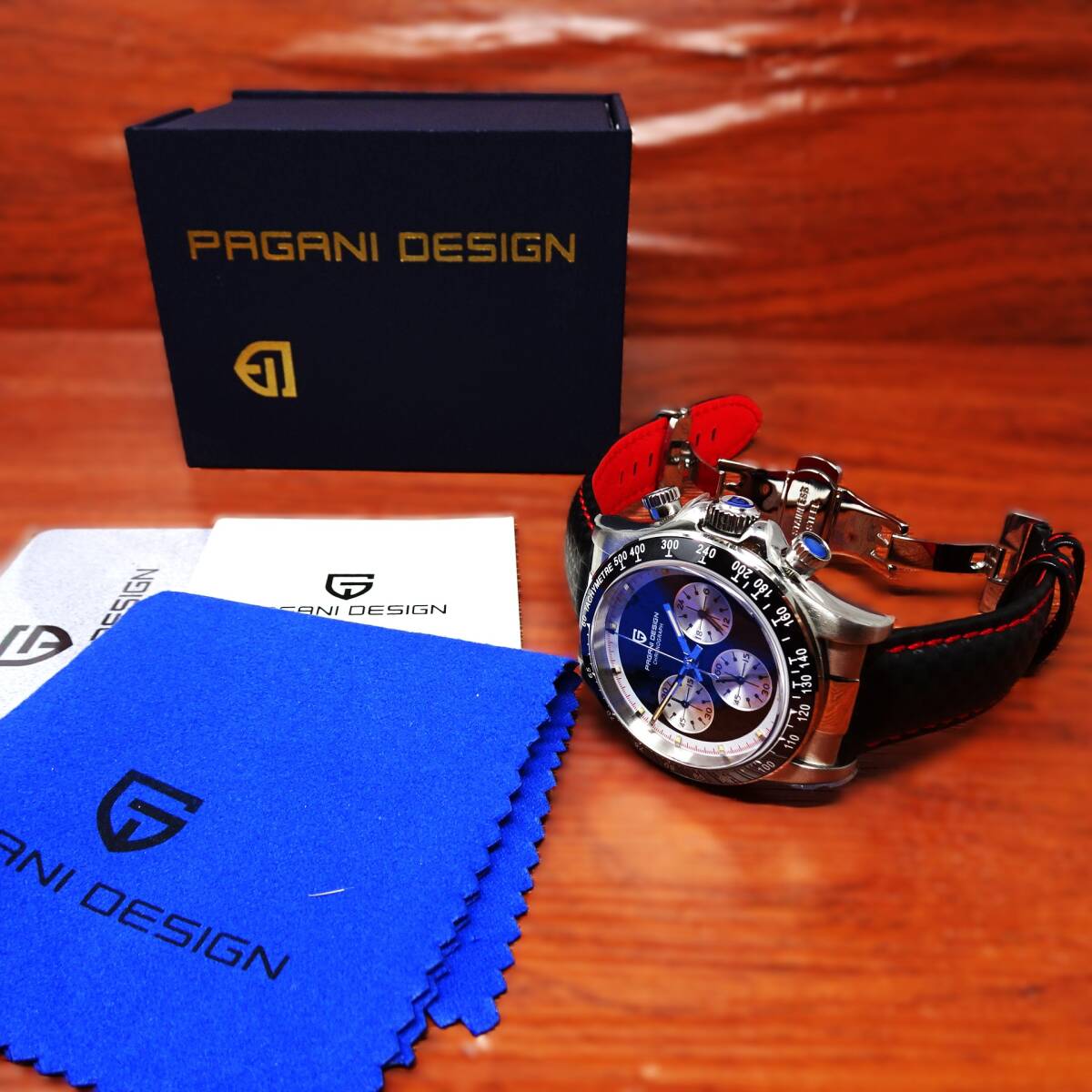 送料無料・新品・パガーニデザイン・メンズ・セイコー製VK63クロノグラフクオーツ式腕時計・オマージュ・カーボン柄本革モデル・PD-1676・Bの画像10