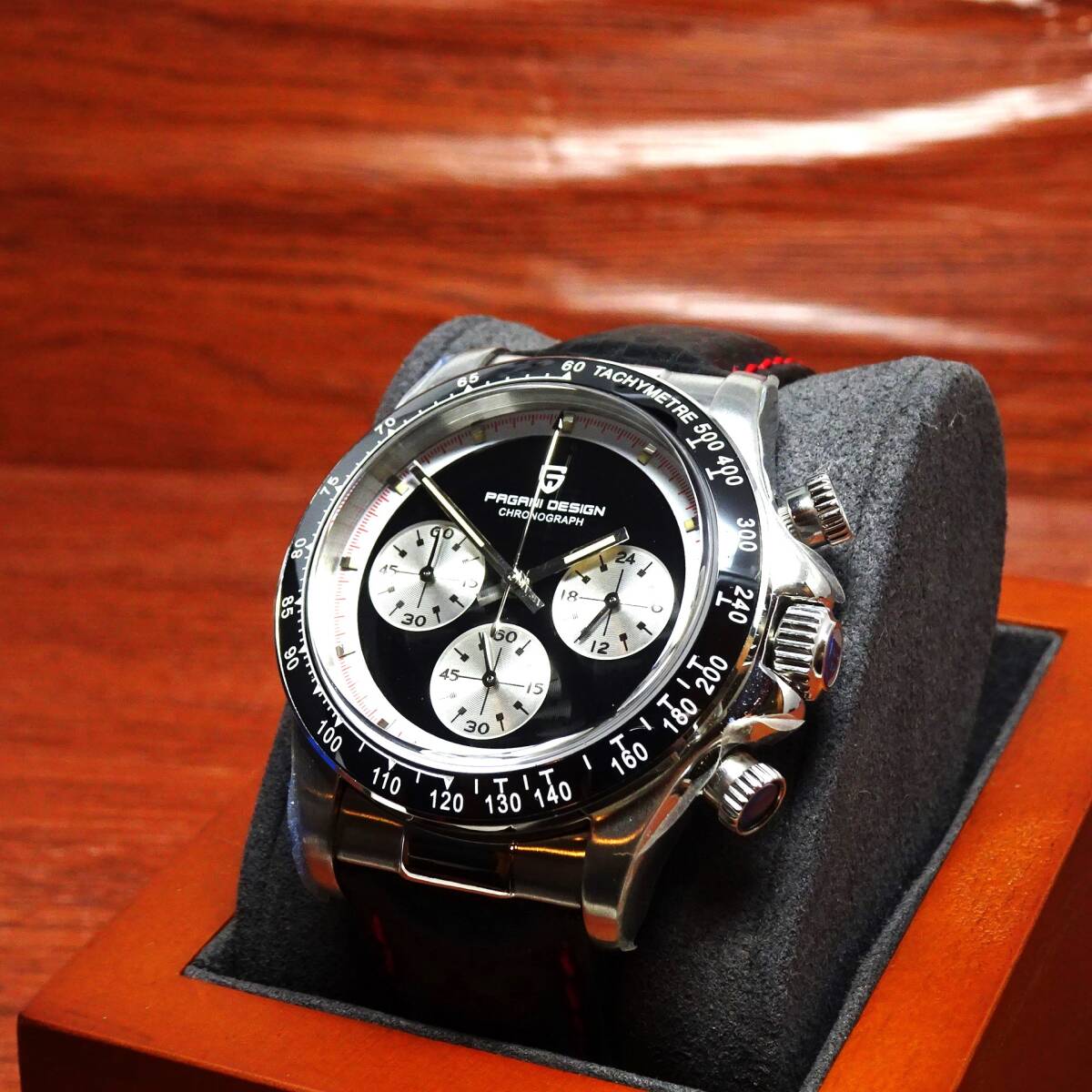 送料無料・新品・パガーニデザイン・メンズ・セイコー製VK63クロノグラフクオーツ式腕時計・オマージュ・カーボン柄本革モデル・PD-1676・Bの画像5