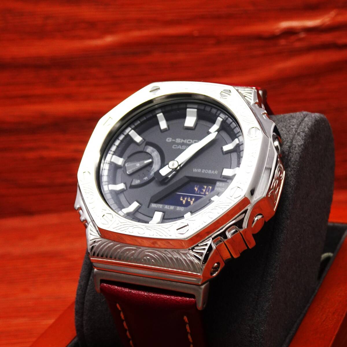 送料無料・新品・GショックCUSTOM・MADE腕時計本体付GA2100ステンレス製シルバーベネチアン柄エンボス加工・本革ストラップ・カシオーク_画像8