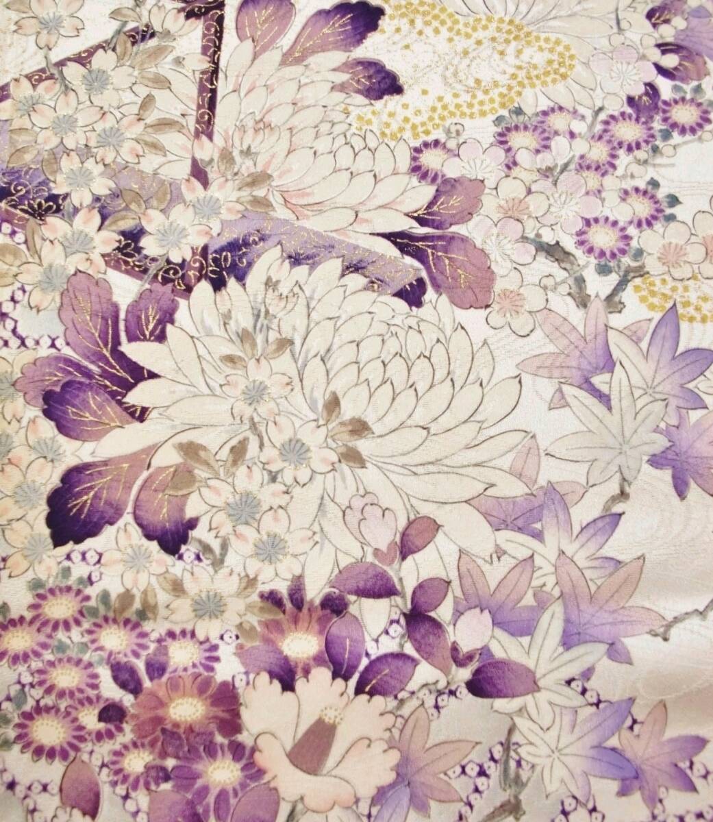 ◆琳花◆ 正絹はぎれ 絹白に紫と白の花々 金彩 美品 35.5×168 古布 着物はぎれ クッション インテリア お人形 スヌード タペストリーの画像1