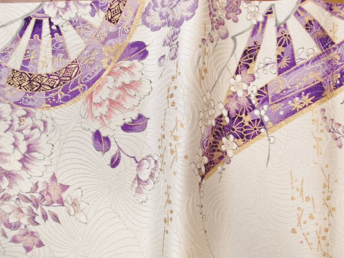 ◆琳花◆ 正絹はぎれ 真珠色に紫の花々 金彩 車 美品 18.5×140 着物はぎれ タペストリー スヌード パッチワークにの画像4