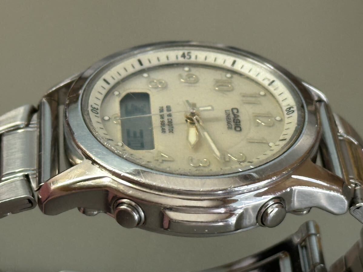 1円〜◆CASIO カシオ LINEAGE ソーラー電波時計 LCW-100 アナデジ ゴールド文字盤 メンズ腕時計 稼働品_画像5