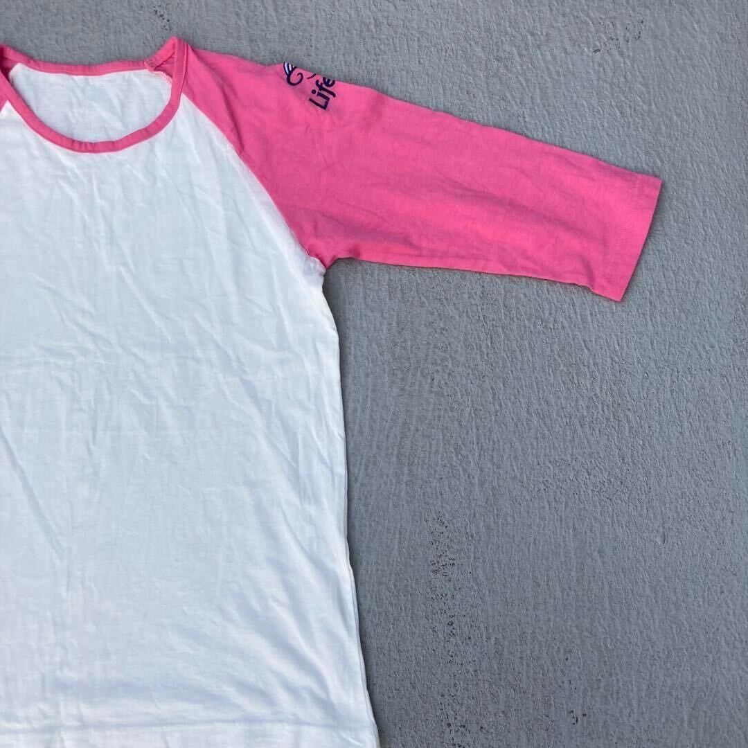 ロンT 七分袖 カットソー ラグラン 長袖シャツ ワンポイントロゴ ロゴ刺繍 ピンク 古着の画像3