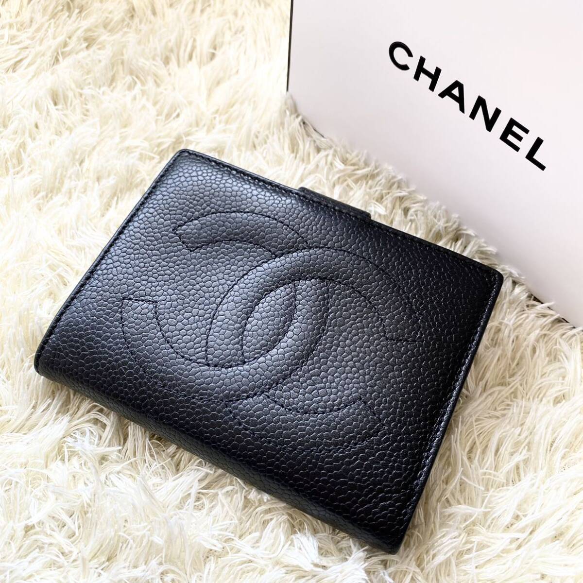 ☆美品☆CHANEL シャネル デカココ キャビアスキン がま口 財布 ブラック ココマーク コンパクトウォレット 二つ折り_画像10