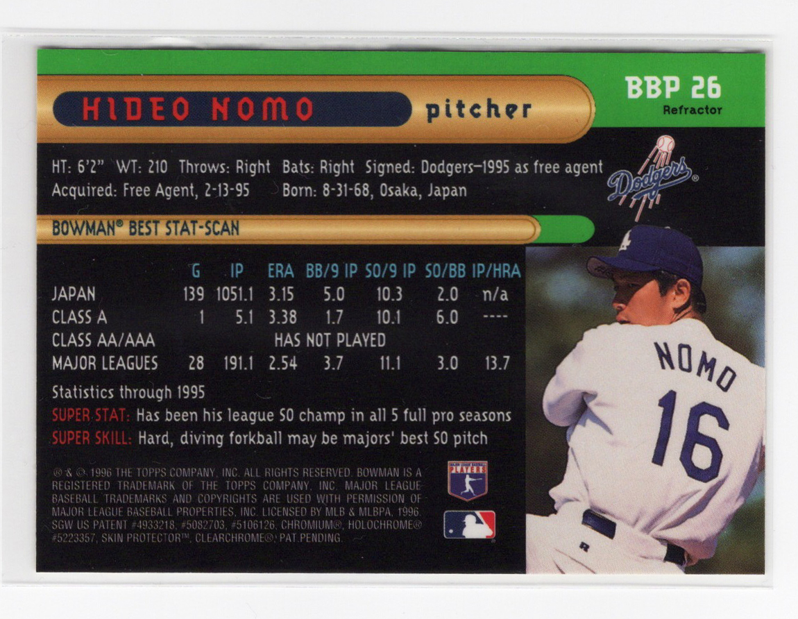 レア！【野茂英雄 ／ Hideo Nomo】1996 Bowman's Best Previews - REFRACTOR リフラクター #BBP-26 ★ Los Angeles Dodgers ドジャースの画像2