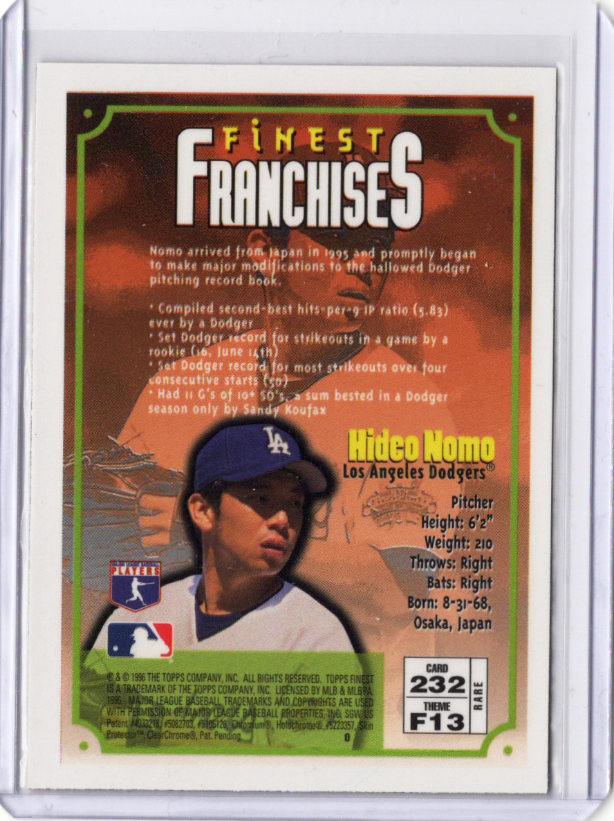 レア！【野茂英雄 ／ Hideo Nomo】1996 Topps Finest - Franchises GOLD #232 ★ Los Angeles Dodgers ドジャースの画像2