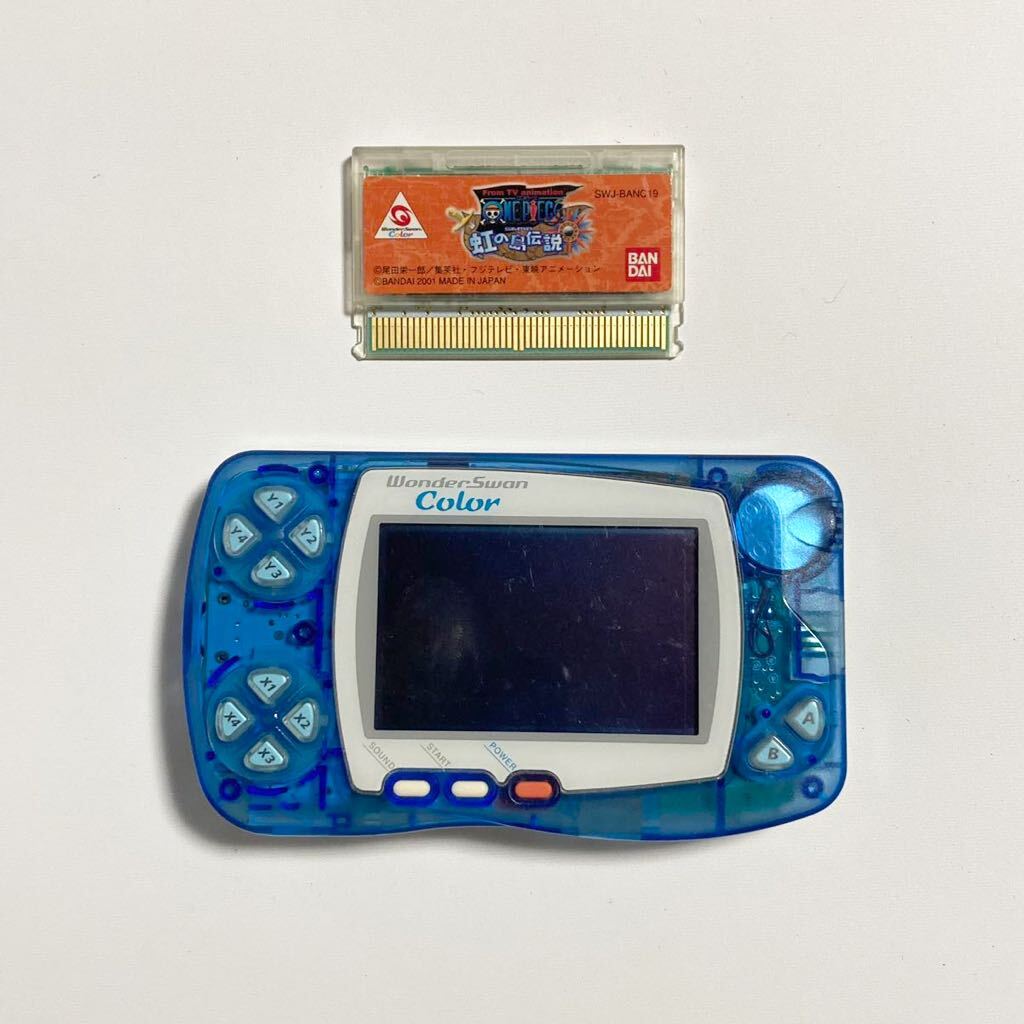 WonderSwan ☆ ワンダースワン クリアブルー + ワンピース 虹の島伝説 カセット セット ジャンク 動作未確認 パーツ取り■SAC119の画像1