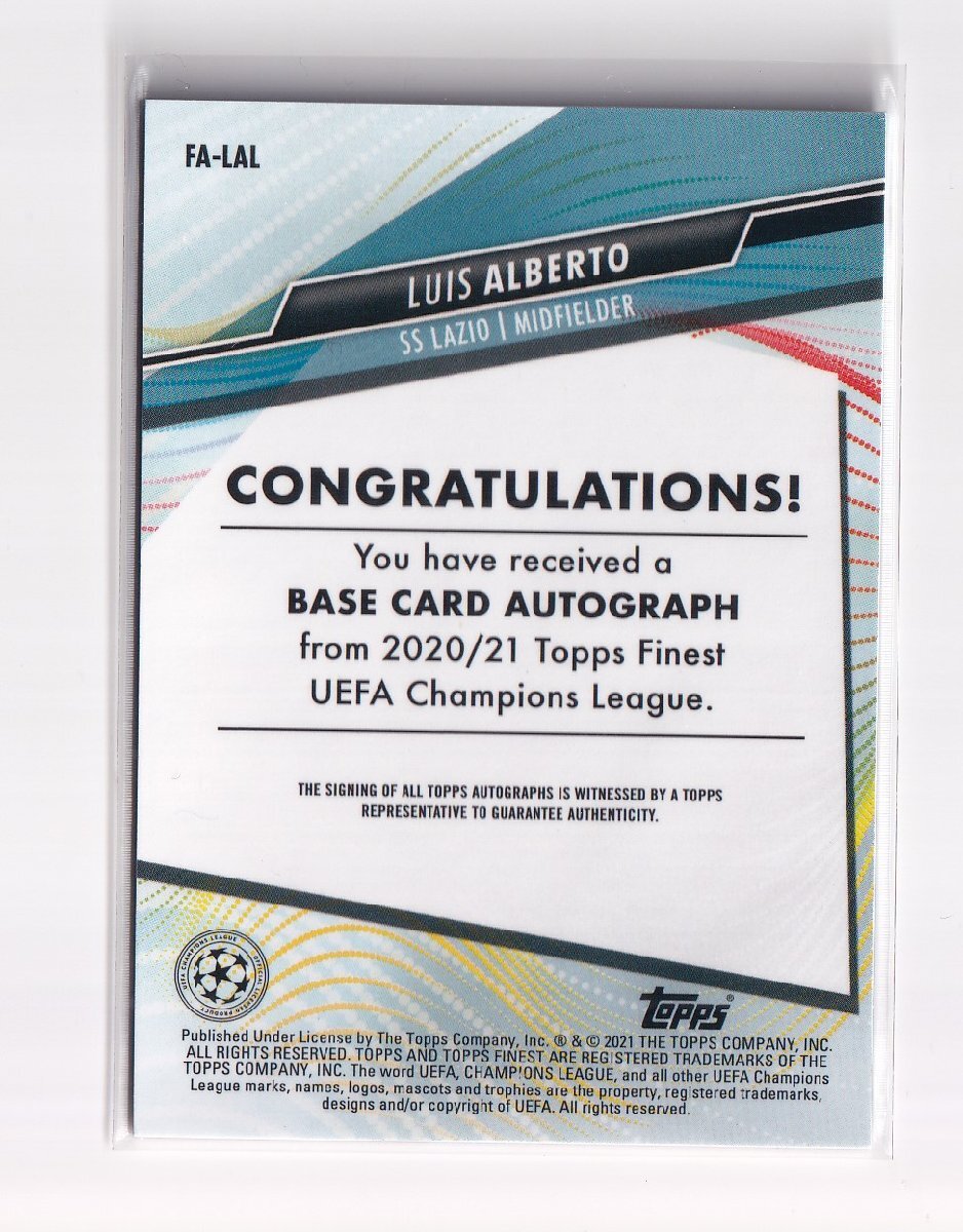 2020-21 TOPPS Finest UEFA Champions League Autographs SS Lazio Luis Alberto ルイス・アルベルト 直筆サインの画像2