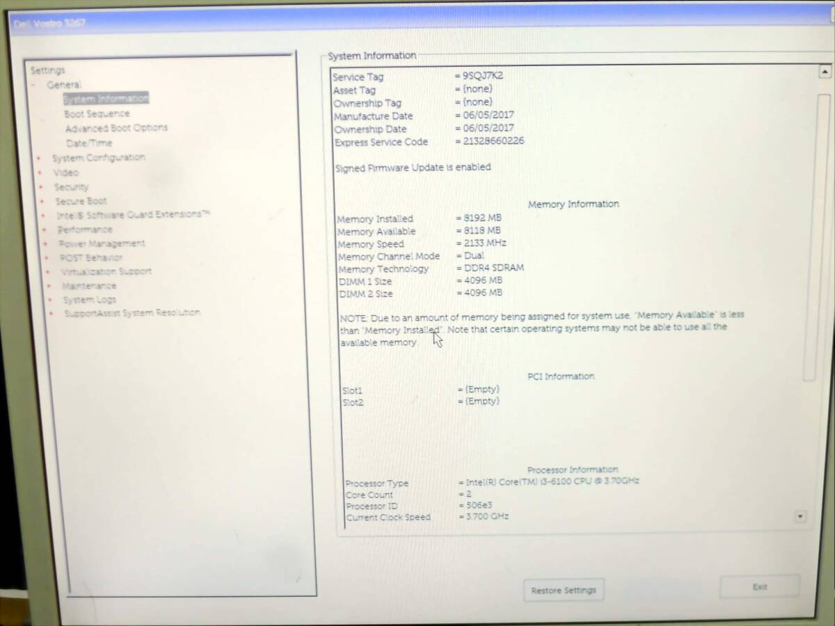 T10960dジャンク Dell Vostro3267 corei3 SkyLake 第6世代CPU 4GB×2 簡易起動確認済みの画像3