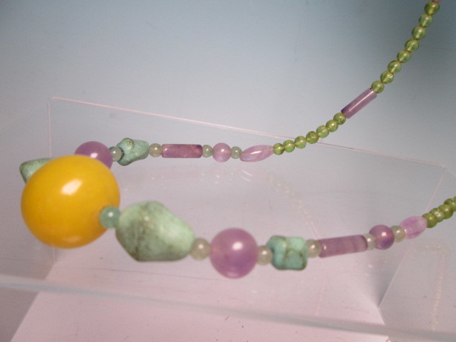 * antique * yellow sphere & amethyst & peridot & turquoise. necklace 28g
