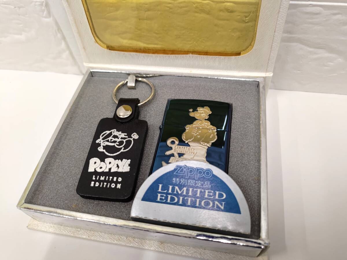 2383■1994年 Zippo POPEYE LIMITED EDITION ジッポー ポパイ コラボ ライター 特別限定品 ブルー キーホルダー付 シリアル有 火花なしの画像1