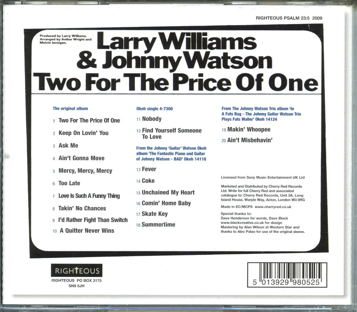 R&B, SOUL：LARRY WILLIAMS & JOHNNY WATSON／TWO FOR THE PRICE OF ONE ボーナス付 全20曲_画像2