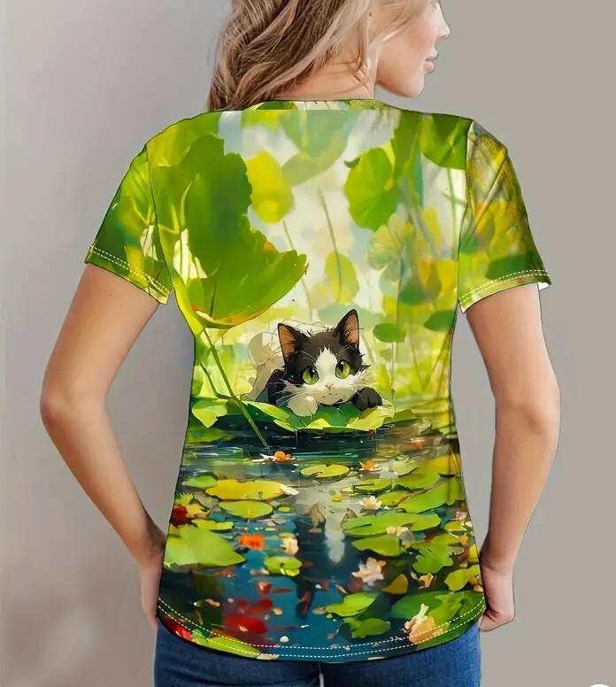 ★可愛い猫のプリントTシャツ、春夏にぴったりのカジュアルなクルーネック半袖トップ、女性用衣料品の画像2