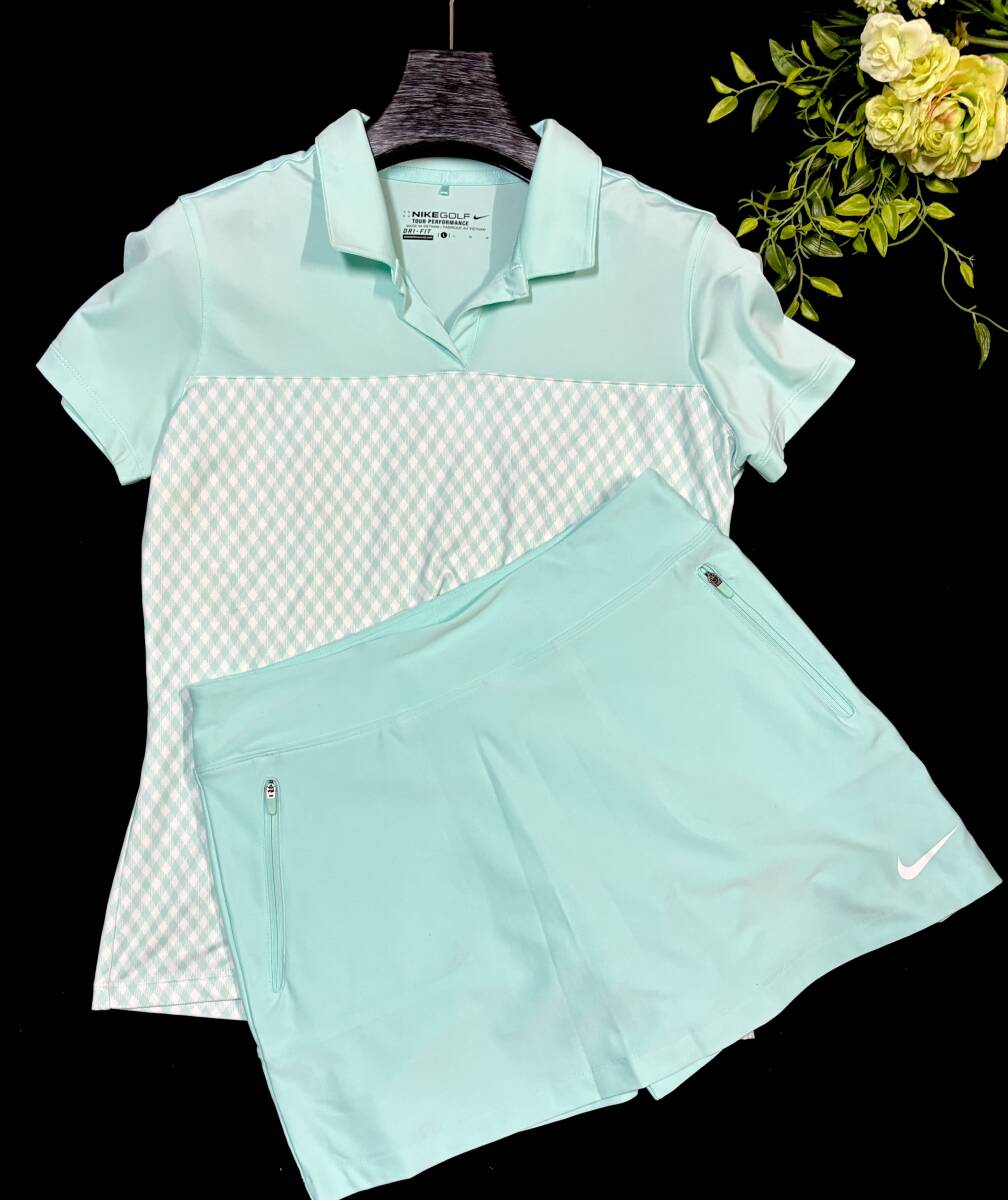 NIKE GOLF　TOUR PEFORMACE　DRI-FIT　ナイキ　ゴルフウェア　ストレッチシャツ　 レディースL　ライトグリーン　セットアップOK_スカートは別出品しています