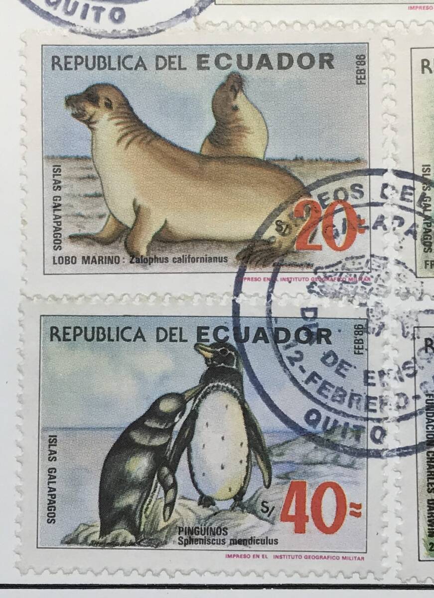 エクアドル 1986年発行 イグアナ 動物 トリ ペンギン カメ 切手 FDC 初日カバー_画像3