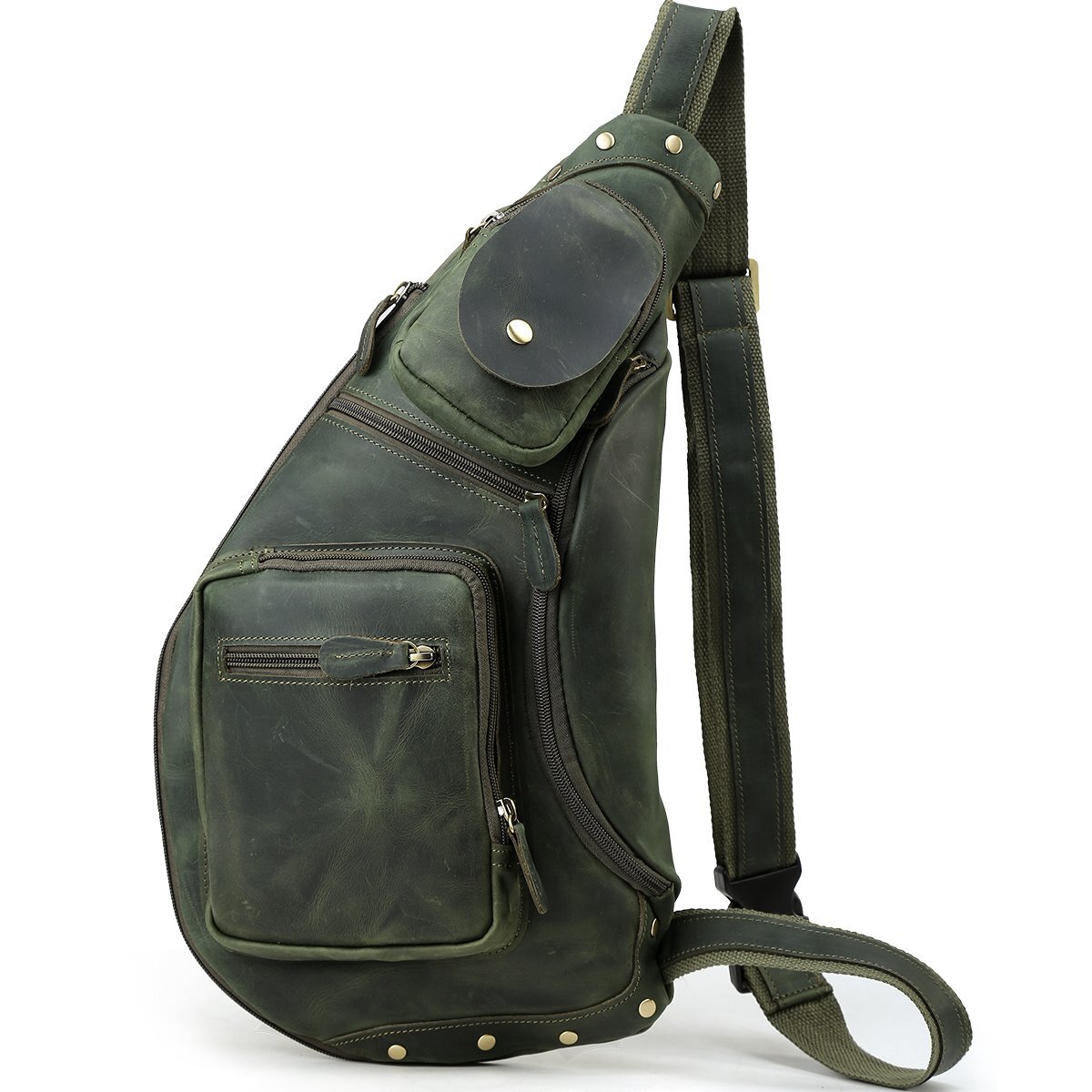 [ with translation ]1 jpy start ~ iPad correspondence high capacity men's body bag original leather one shoulder bag inset enhancing thick cow leather passing of years change olive 