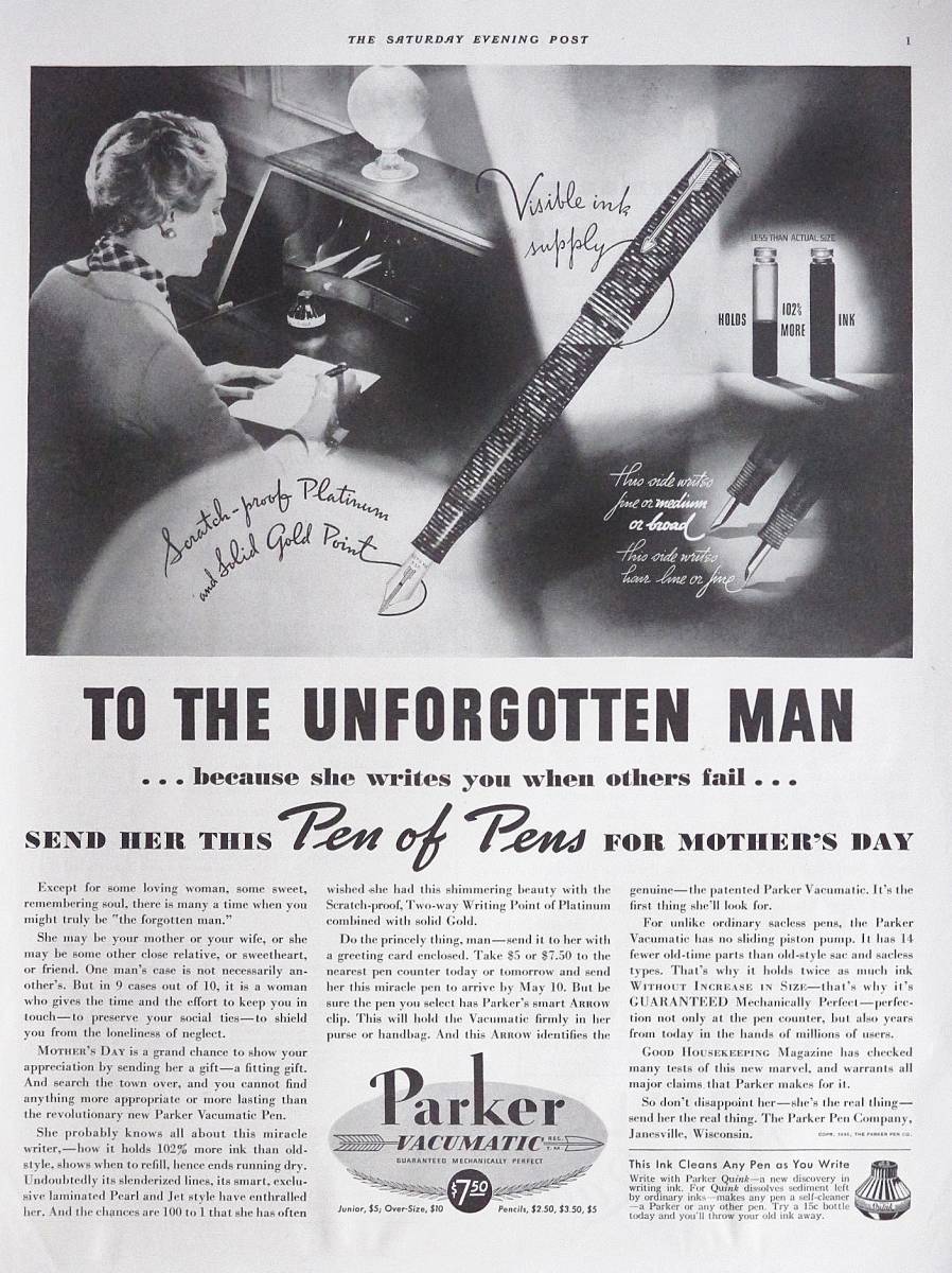 稀少・広告！1936年パーカー万年筆広告/Parker Pen/文房具/P_画像1