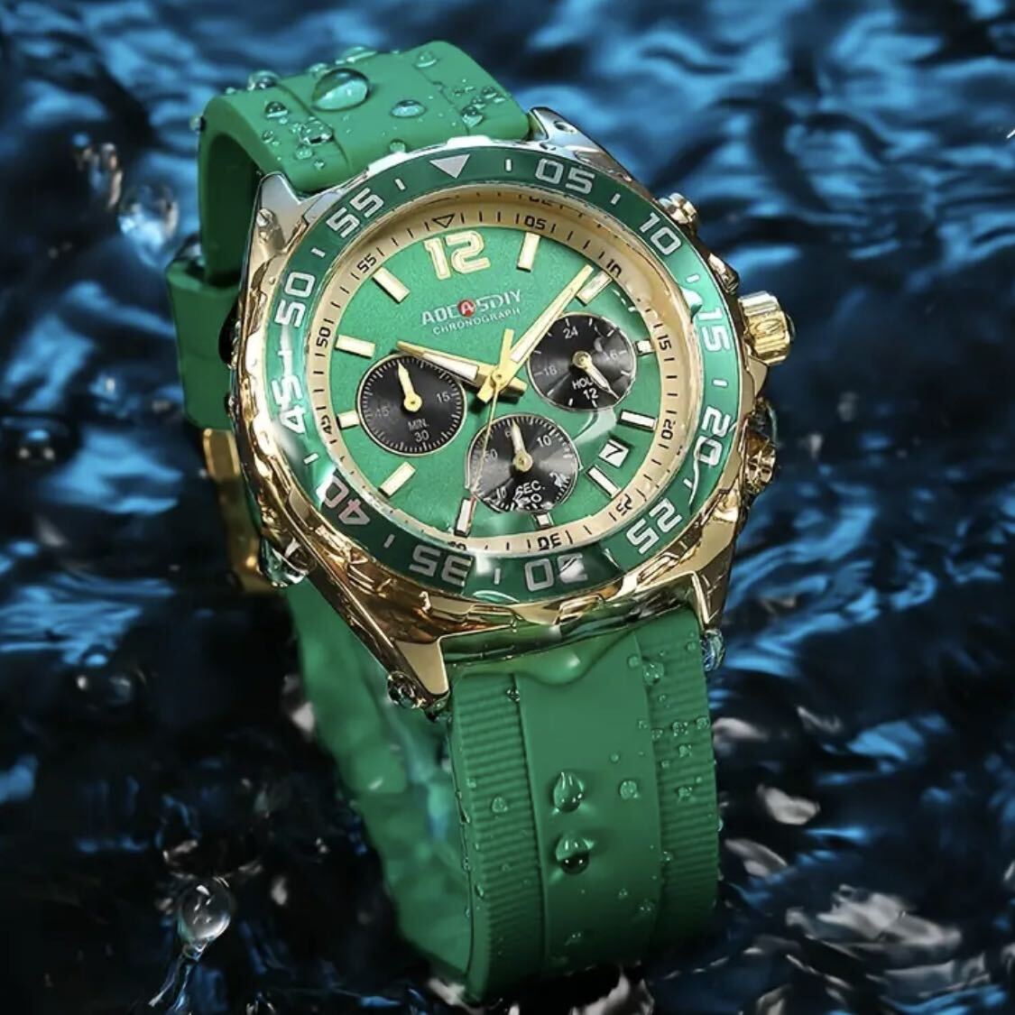 新品 AOCASDIY オマージュクロノグラフ ウォッチ ラバーストラップ メンズ腕時計 グリーン&ゴールド_画像2