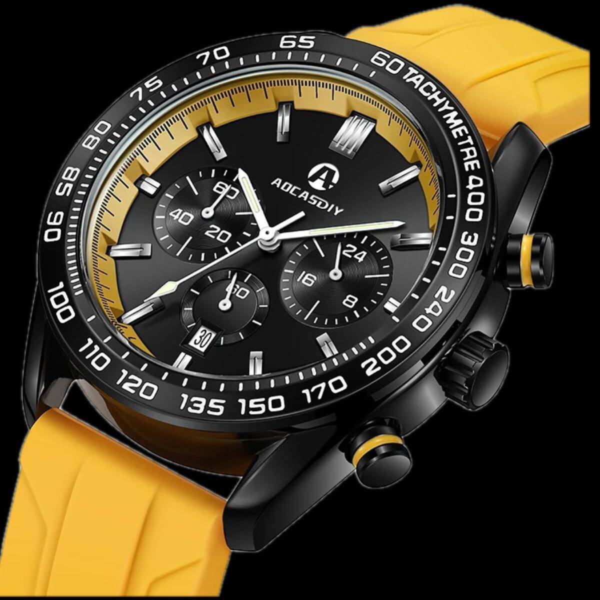 新品 AOCASDIY オマージュクロノグラフウォッチ ラバーストラップ メンズ腕時計 イエロー A2996_画像2