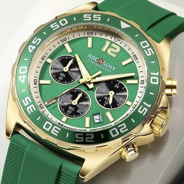 新品 AOCASDIY オマージュクロノグラフ ウォッチ ラバーストラップ メンズ腕時計 グリーン&ゴールドの画像9