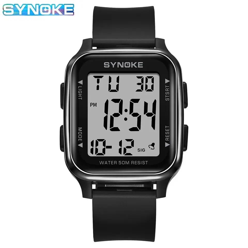 新品 SYNOKEスポーツデジタル 防水 デジタルストップウォッチ メンズ腕時計 スクエア ブラック 9836_画像5