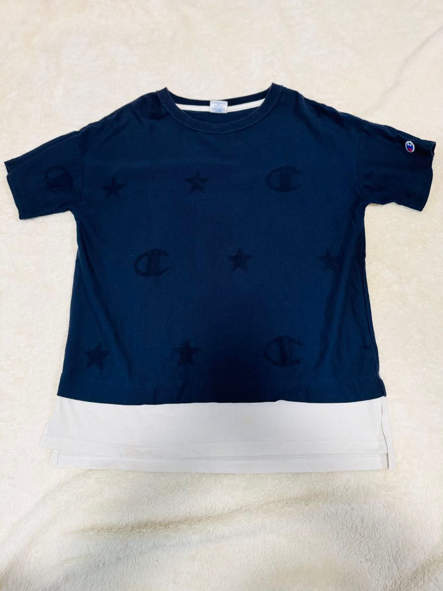 チャンピオンメンズ Tシャツ 半袖XSサイズ総柄オーバーサイズネイビー