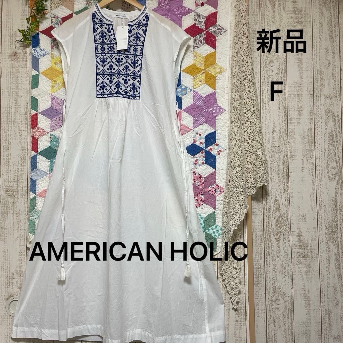 お値下げしました【新品】AMERICAN HOLIC フレンチスリーブ刺繍ワンピース  ホワイト　フリー　ロングワンピース