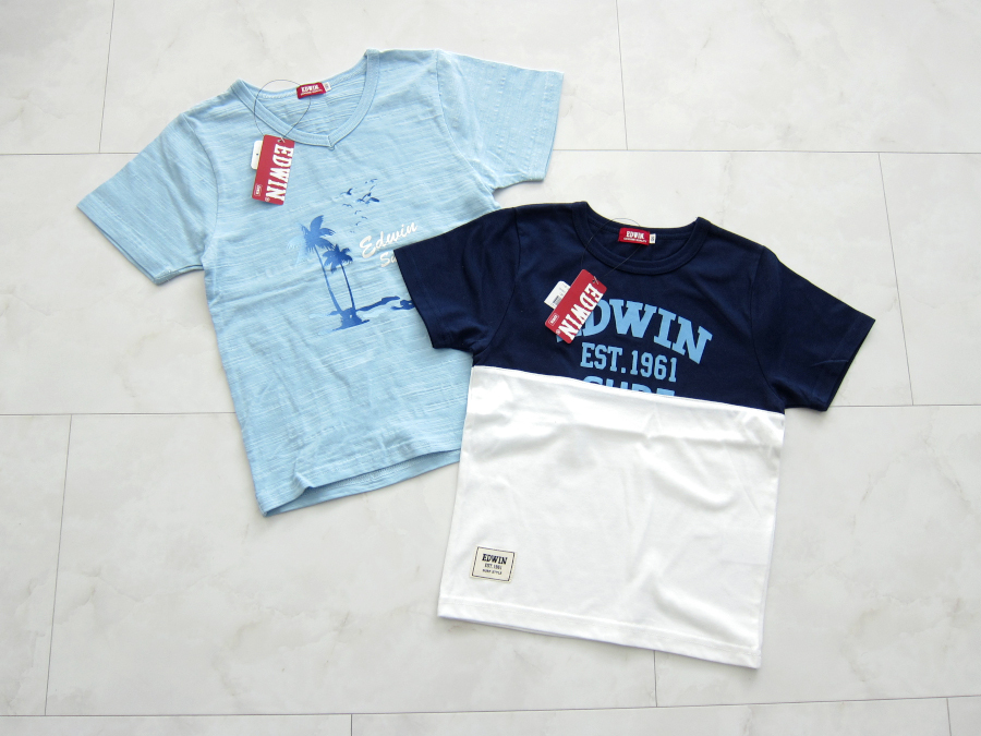 送料無料【新品タグ付】120 EDWIN Tシャツ 半袖 2枚 綿100% 綿混 男の子 水色 ネイビー　　　　　　　　　　　　検≫ベキマT_画像2