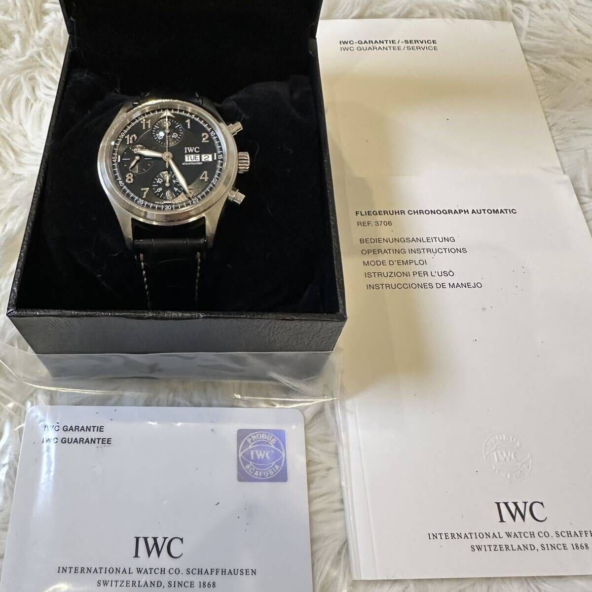 美品 IWC SCHAFFHAUSEN フリーガー IW370603 クロノグラフ デイデイト ブラックパイロットウォッチ 自動巻き メンズ 純正クロコベルト尾錠の画像1