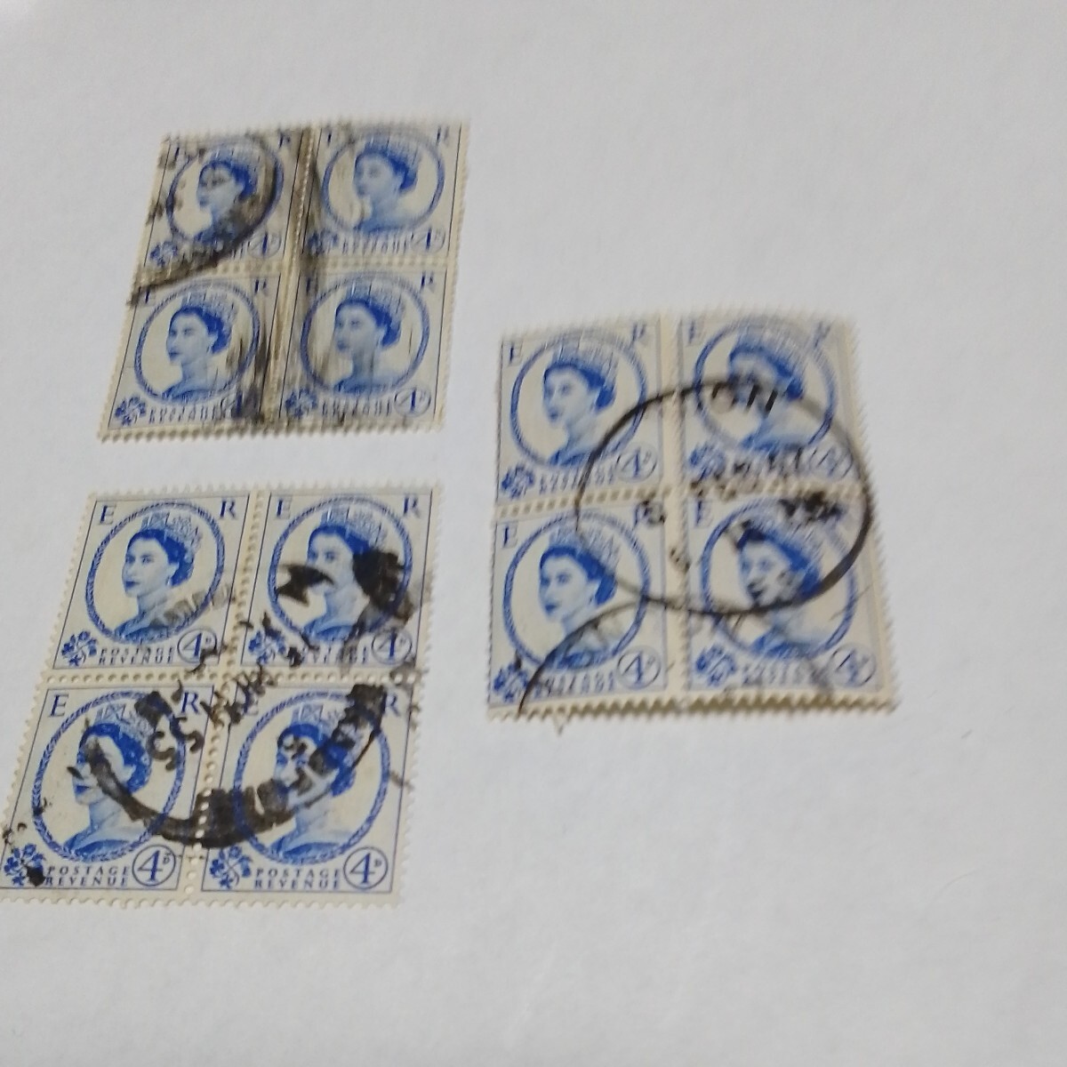 英国　1952/54 発行　エリザベス女王　通常切手田型6 組=専門収集分野、使用済み、状態殆ど良好、カタログ価格約40ドル_画像3