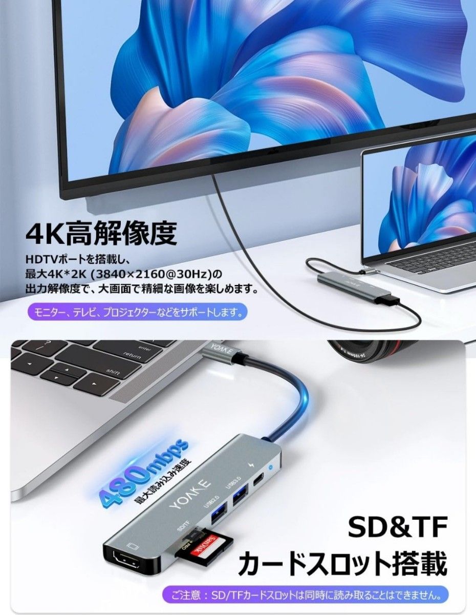 USB C ハブ 6-in-1アダプタ 4K HDMI Type-c ドッキングステーション PD 100W USB3.0