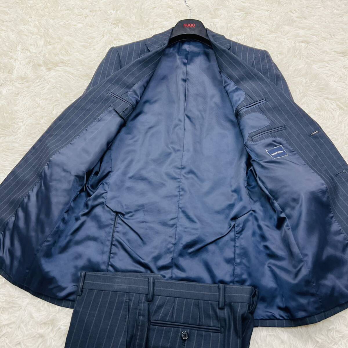 【極美品/希少サイズ】THE SUIT COMPANY スーツカンパニー スーツセットアップ 上下 ストライプ 本切羽 ネイビー サイズXLの画像6