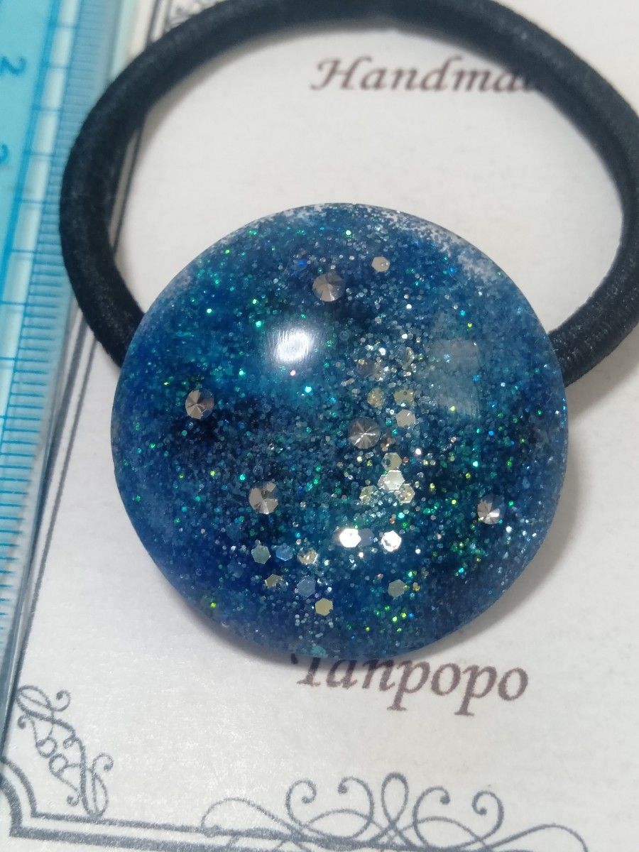 ヘアゴム ハンドメイド レジン★ オーロラ 宇宙 夜空 ブルー色 系  L