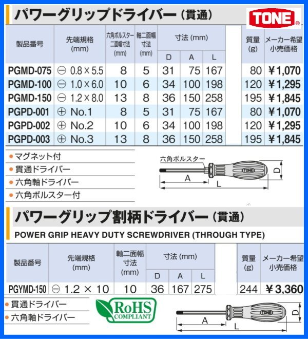 TONE-59 d-1円 ドライバー 7本 セット パワーグリップドライバ 割柄ドライバー 貫通ドライバ ドライバ 新型 ソフトグリップ トネ toneの画像7