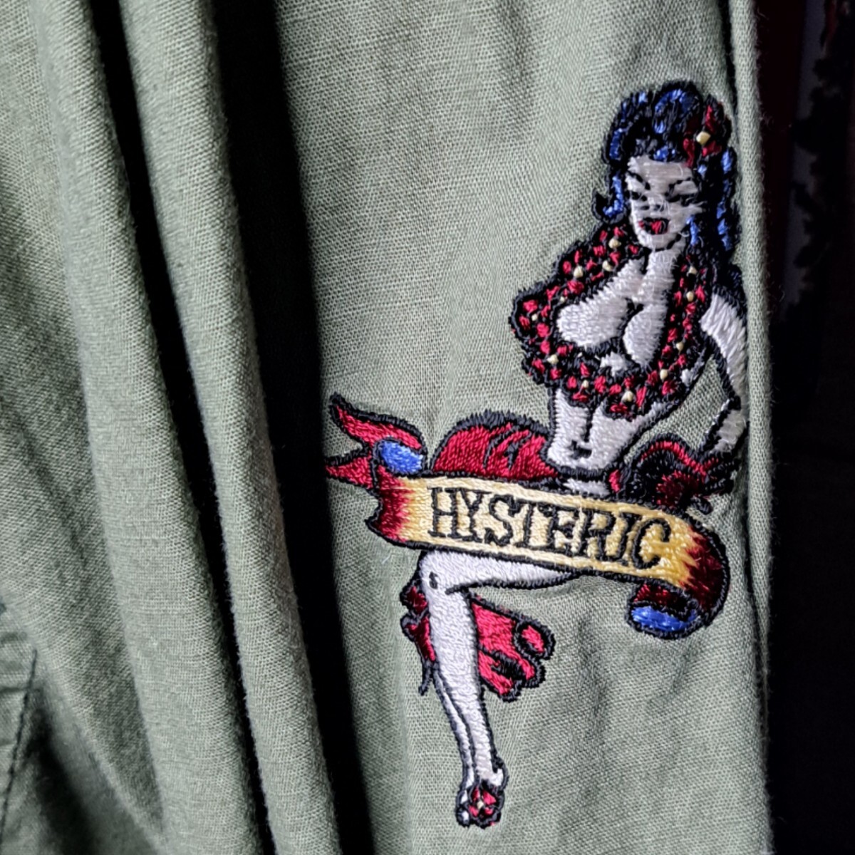 HYSTERIC GLAMOUR ヒステリックグラマー　フラガール刺繍　リネン混　ミリタリーシャツ　Ｍ　カーキグリーン_画像4