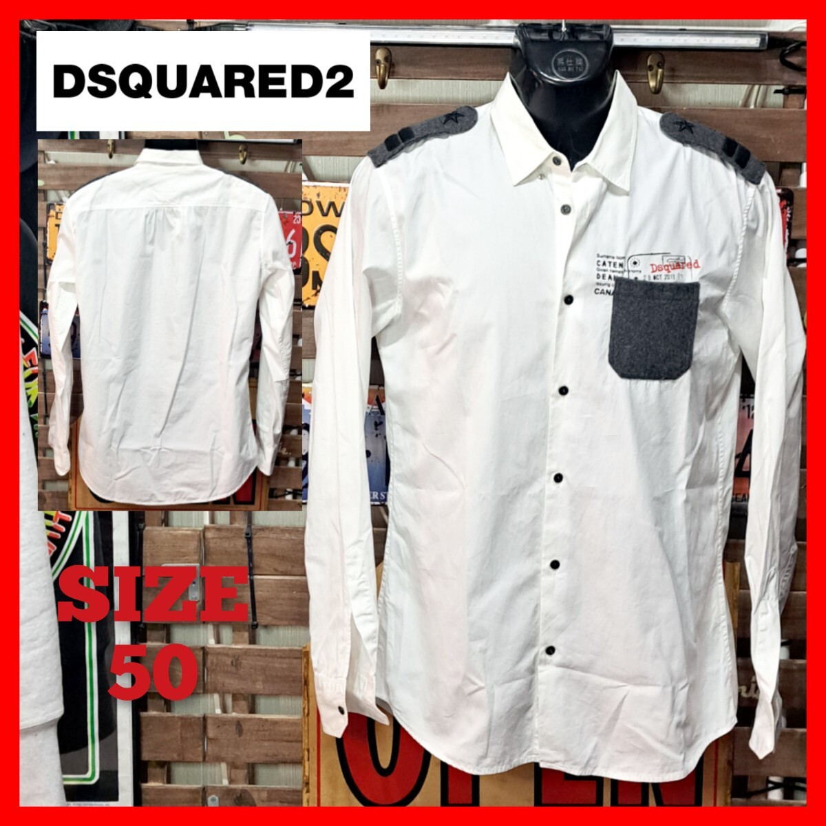 Dsquared2　ディースクエアード　M-65 ミリタリーシャツ　Yシャツ　50 XL ホワイト　プリント　白_画像1