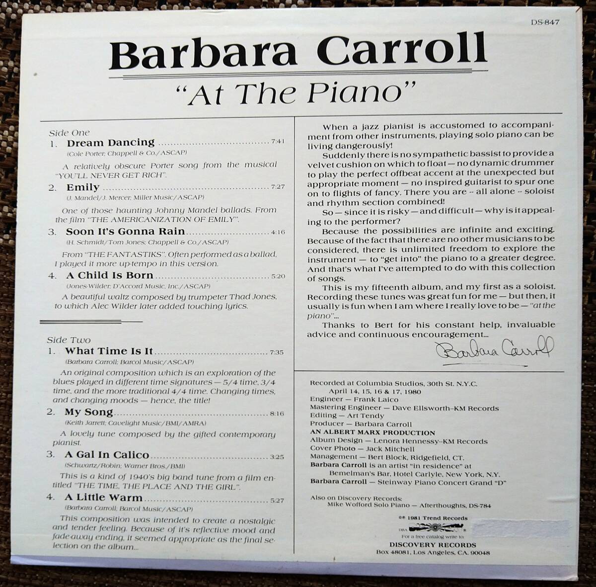 USオリジナル盤【Barbara Carroll】”At The Piano” (Discovery DS-784) _画像2