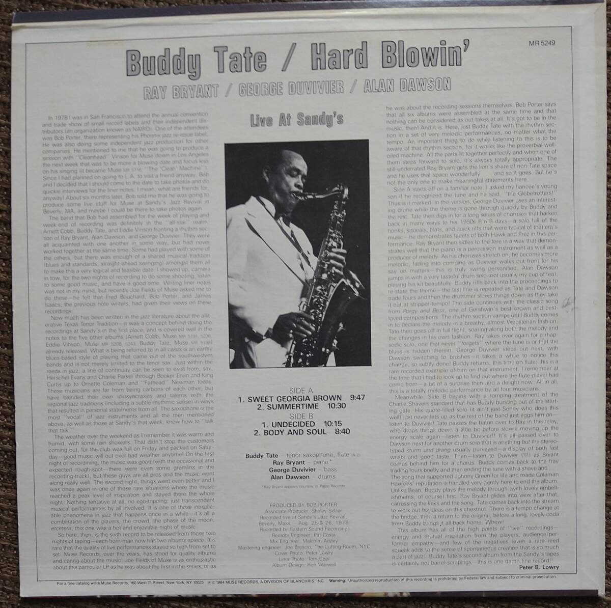 USオリジナル盤【Buddy Tate】Hard Blowin’ (Muse MR5249) Ray Bryant, George Duvivier, Alan Dawson参加　テナー好きにはお勧め！_画像2